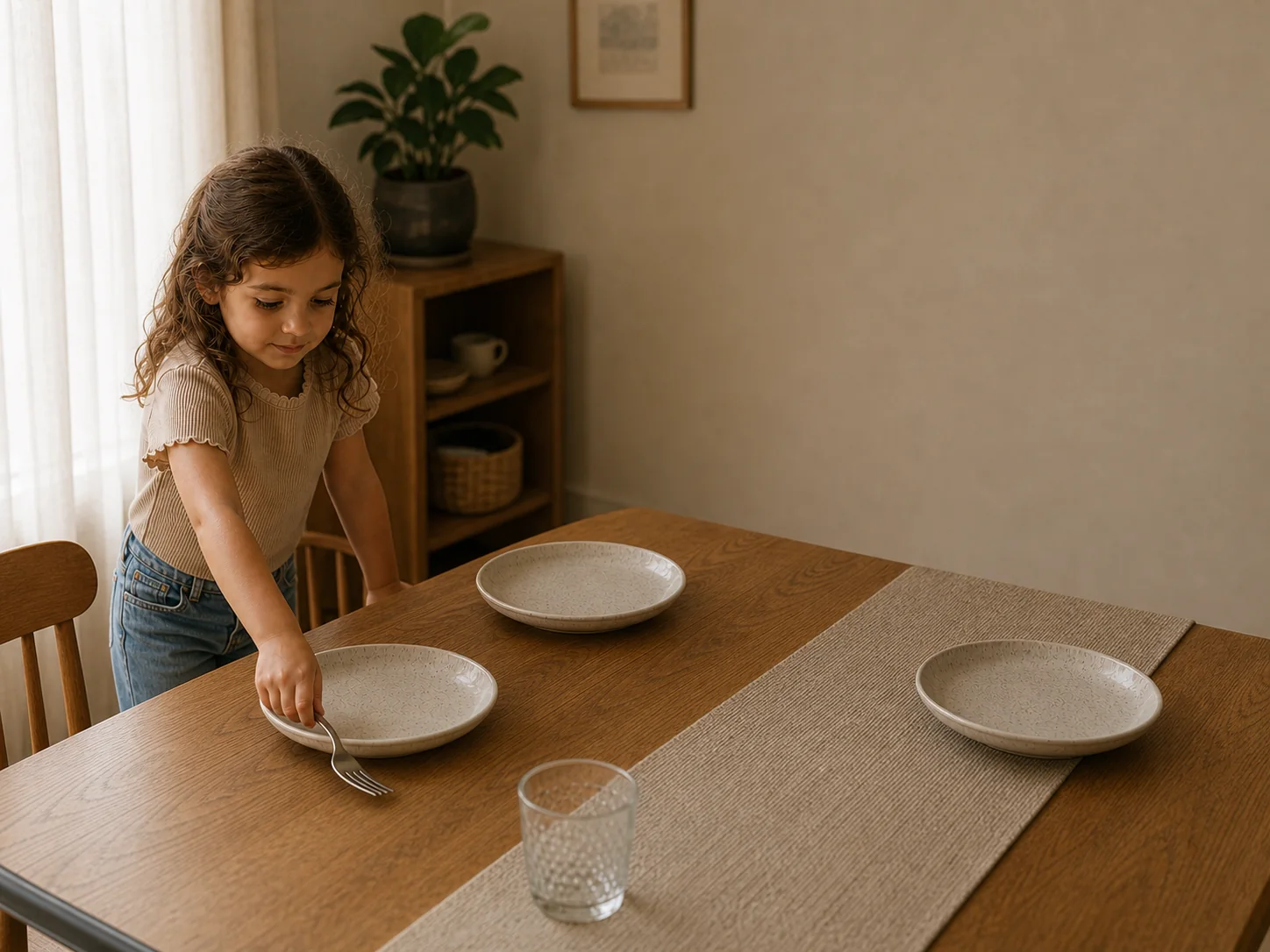 A preschool-aged child placing a fork beside a plate while helping set the family table